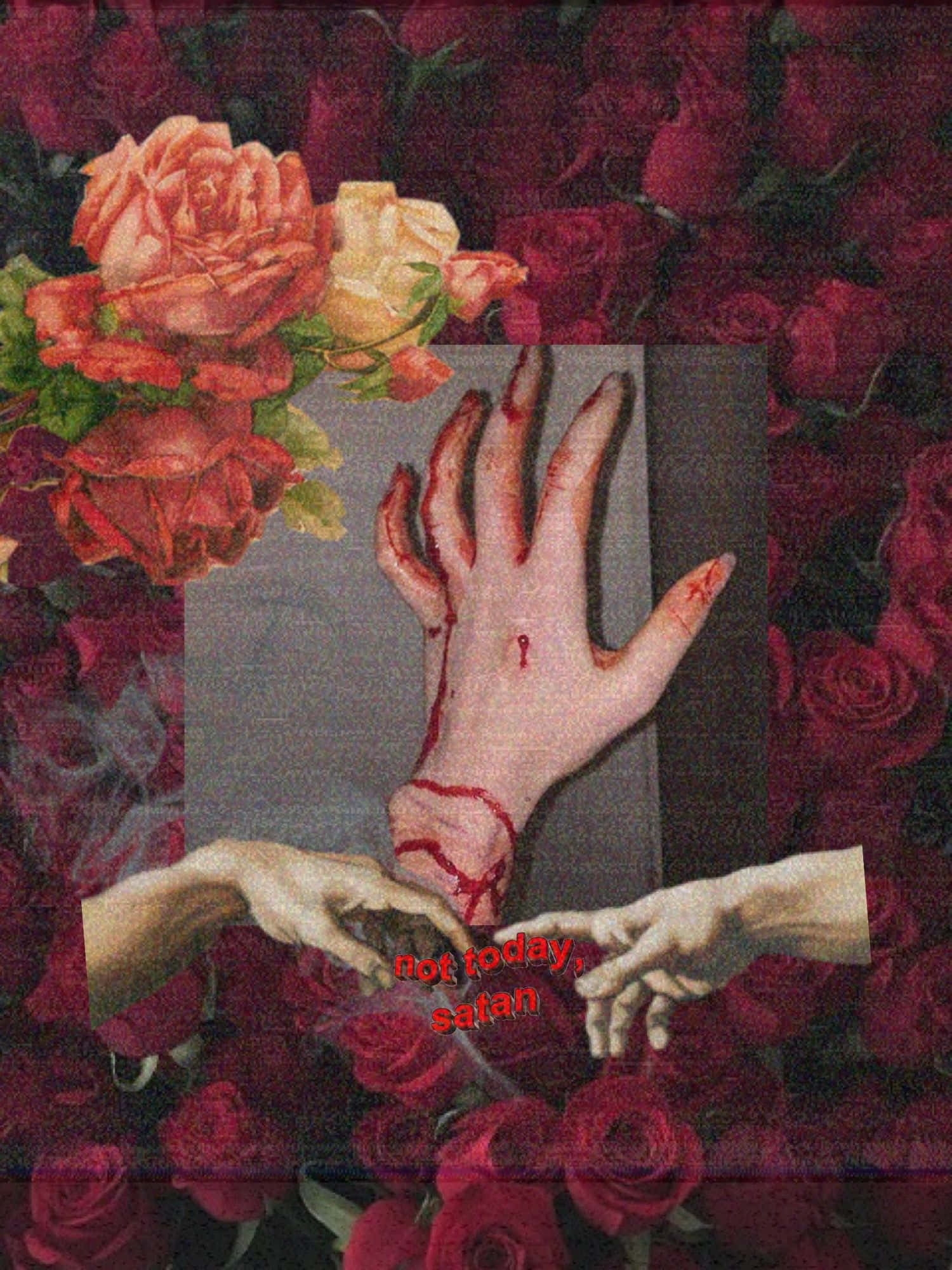 Roses 桌布 壁紙 — 一隻血淋淋的手從一個被深紅玫瑰包圍的灰色盒子中伸出，有兩隻手伸向它。