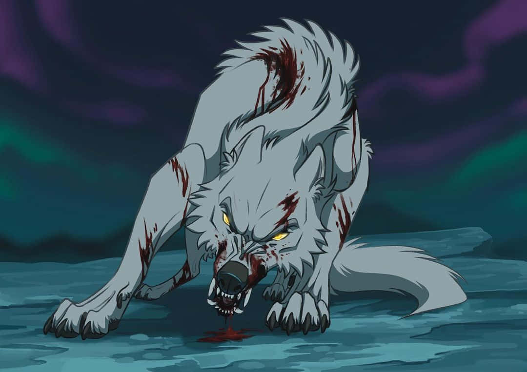 Wolf's Rain Kiba 桌布 壁紙 — 一隻血跡斑斑的白狼，在深紫色和藍綠色的天空下，在冰凍的表面上發出威脅性的咆哮，眼睛發出黃光。