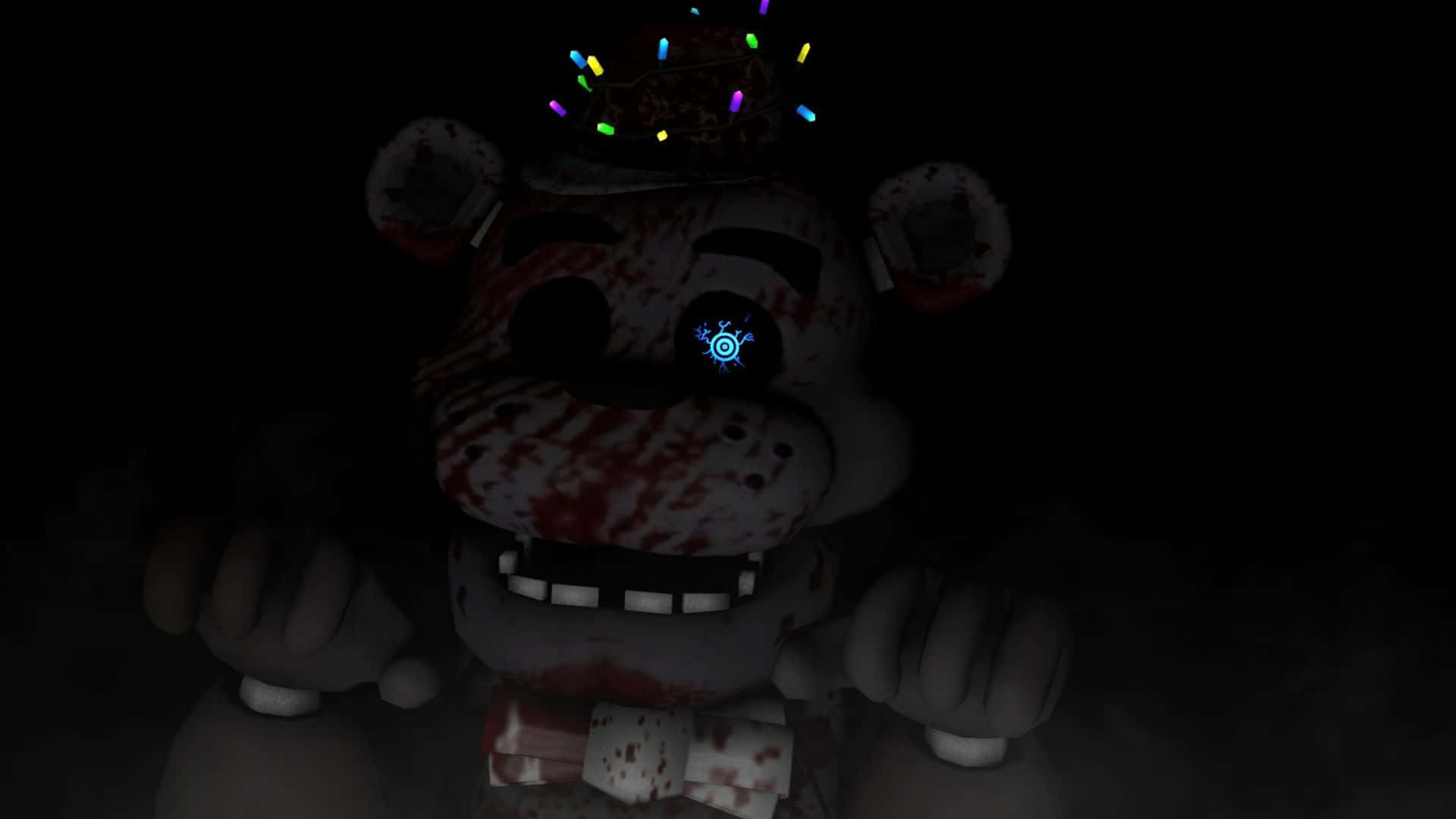 Fnaf Jumpscare 桌布 壁紙 — 一隻血跡斑斑的電子熊，帶著發光的藍色眼睛和色彩繽紛的派對帽，在黑暗中威脅地凝視著。