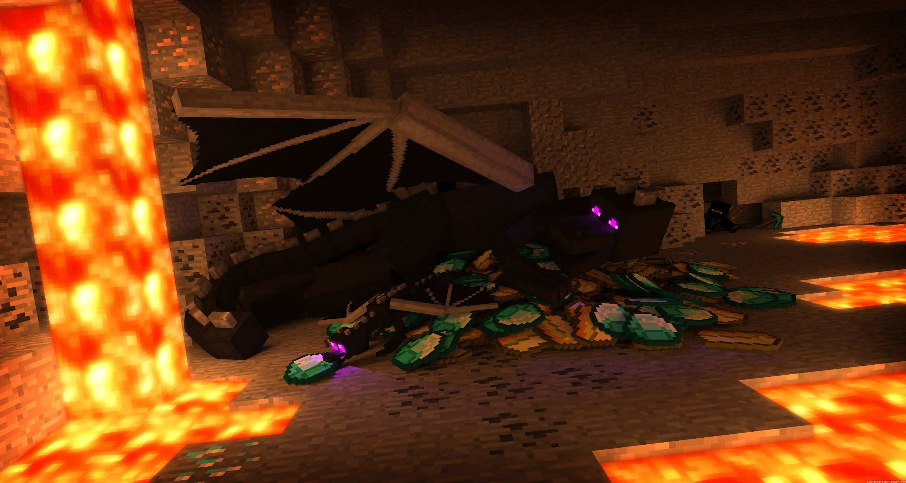 Minecraft Aesthetic 桌布 壁紙 — 一隻被擊敗的Minecraft Ender Dragon躺在充滿熔岩的地獄堡壘中，周圍是發光方塊和散落的戰利品。