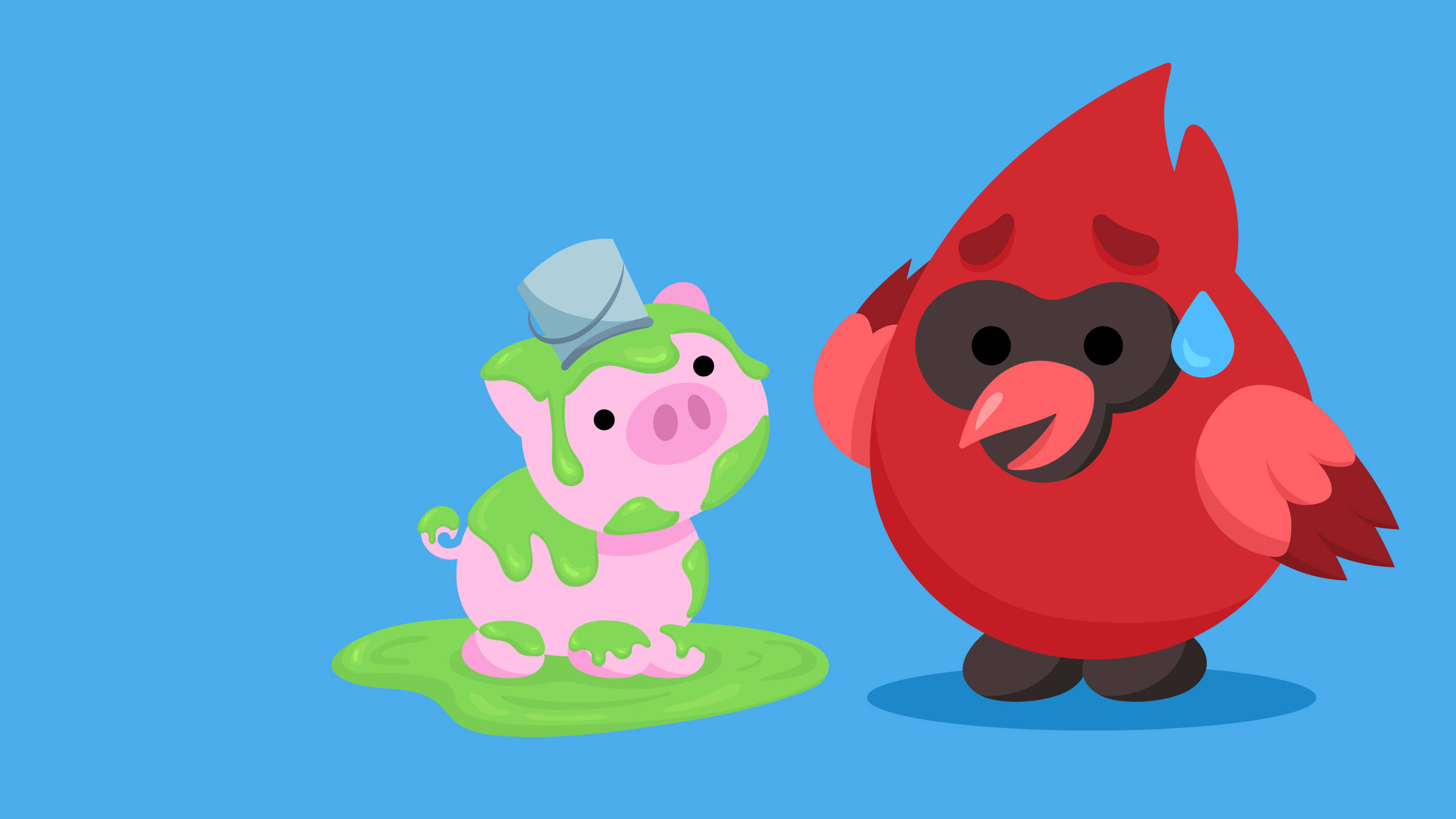 Me 桌布 壁紙 — 一隻被綠色黏液覆蓋的卡通豬和一隻帶有汗珠的紅色鳥站在純藍色背景前。