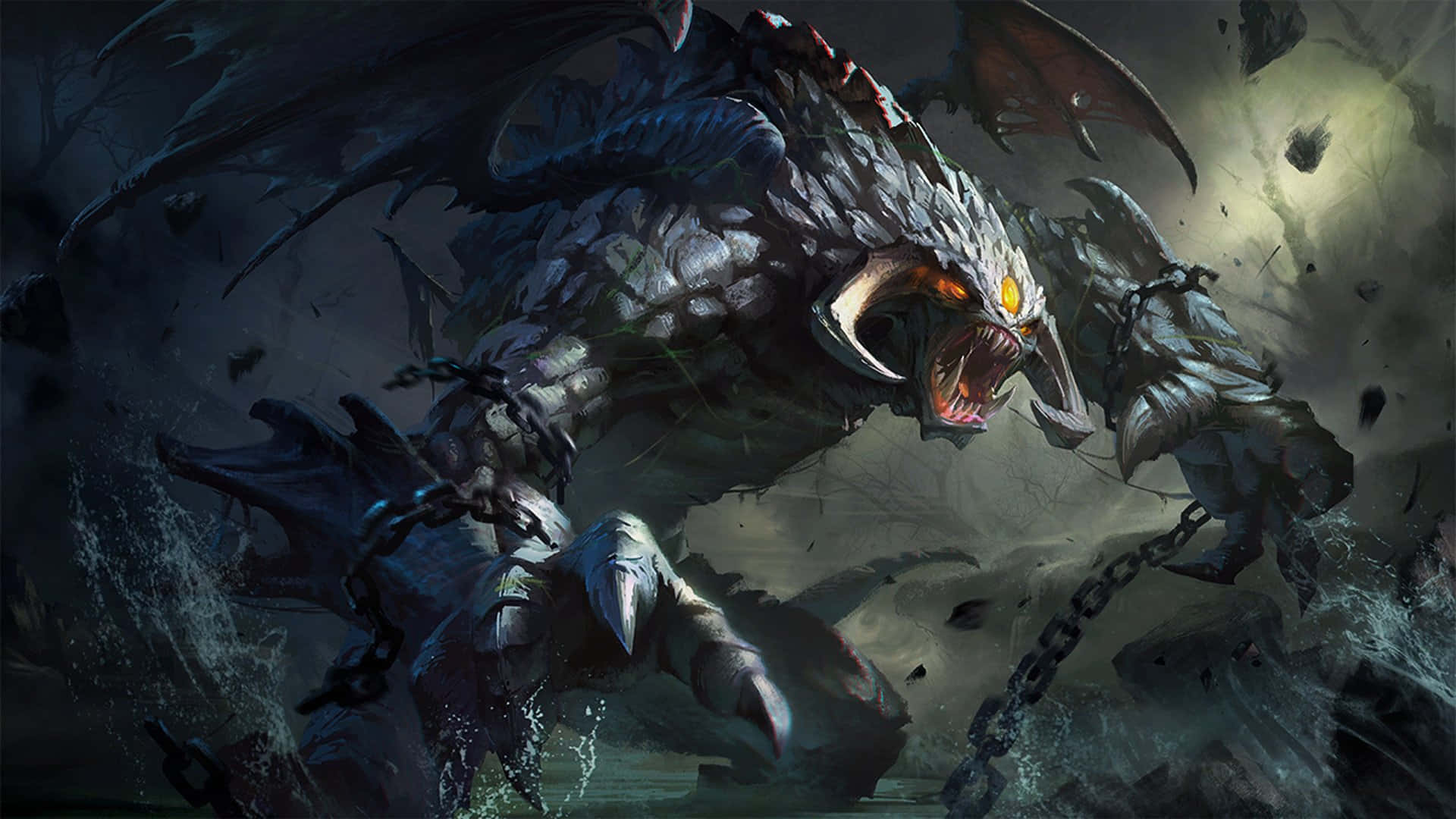 1920x1080 Dota 2 桌布 壁紙 — 一隻被鎖鏈束縛的怪獸龍，擁有發光的橙色眼睛，在破碎的碎片和黑暗的暴風雲中猛烈咆哮。