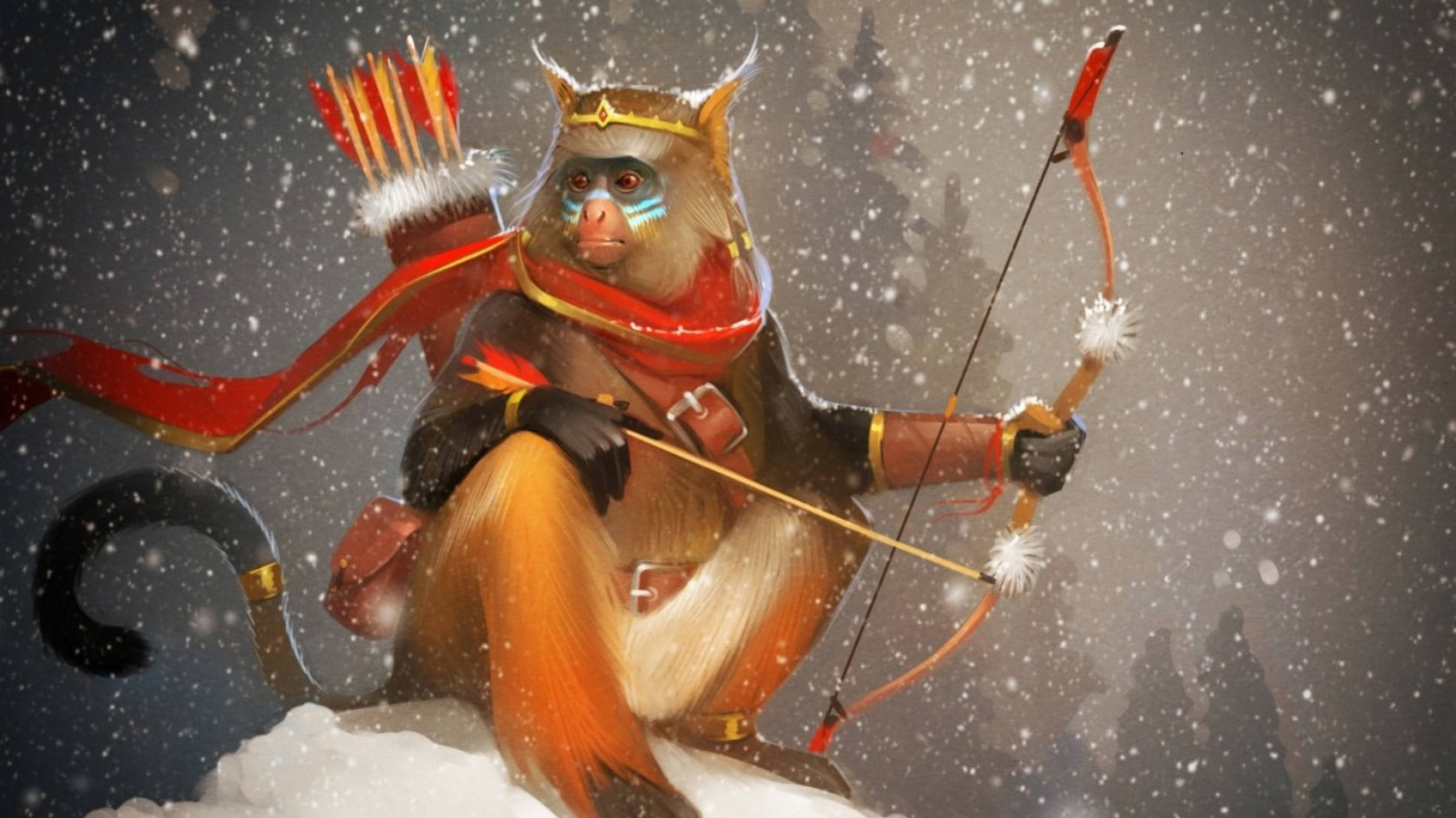 Monkey 桌布 壁紙 — 一隻被雪覆蓋、身穿紅金盔甲的猴子弓箭手，在黑暗森林背景下，站在雪峰上蓄勢待發。