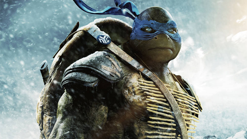 teenage mutant ninja turtles 桌布 壁紙 — 一隻被雪覆蓋的忍者龜穿著戰鬥裝備，在暴風雪背景下凝視著。