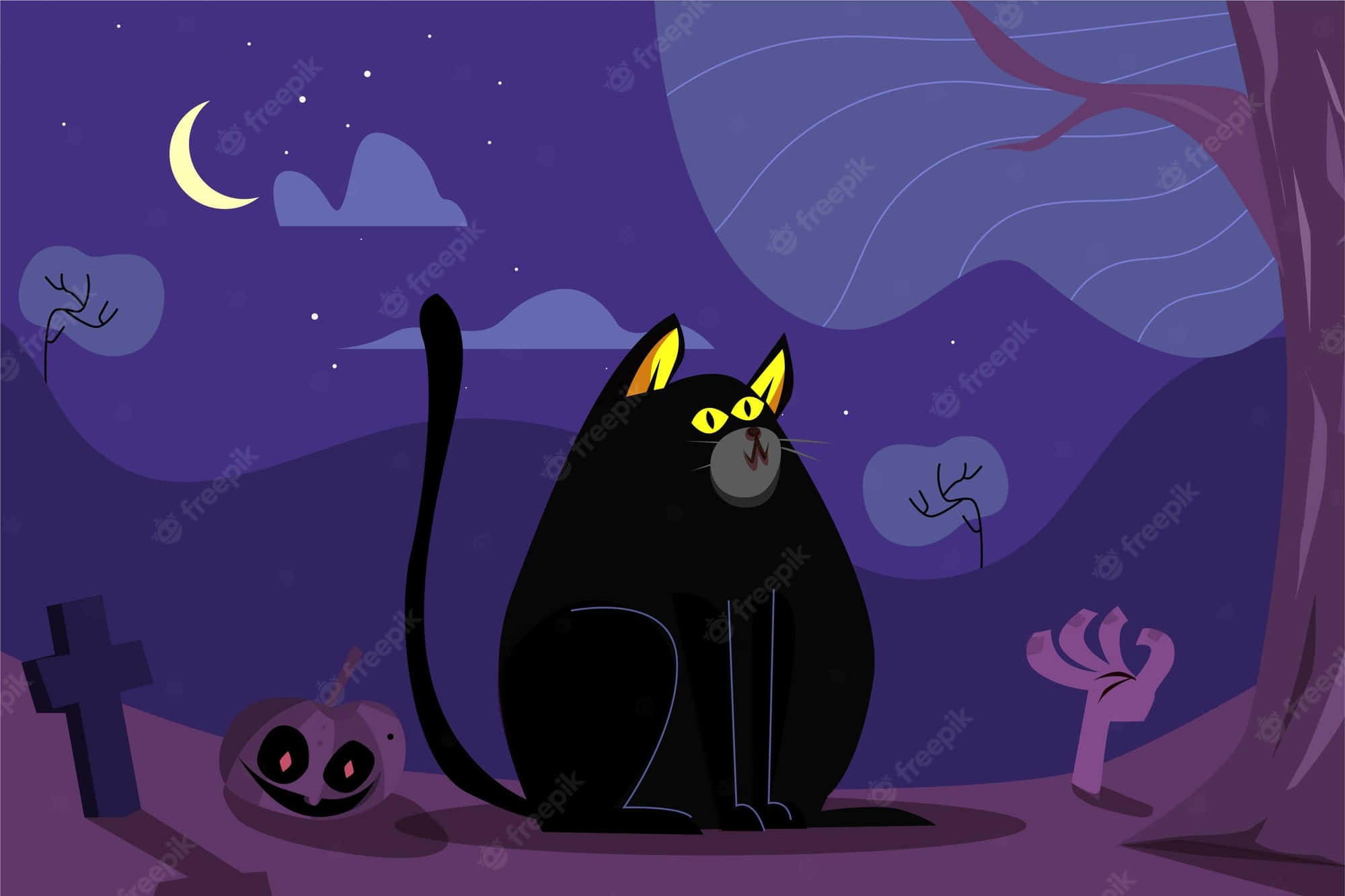 Cartoon Cat Scary 桌布 壁紙 — 一隻詭異的黑貓，有著發光的黃色眼睛，坐在新月下的鬼魅墓園中。