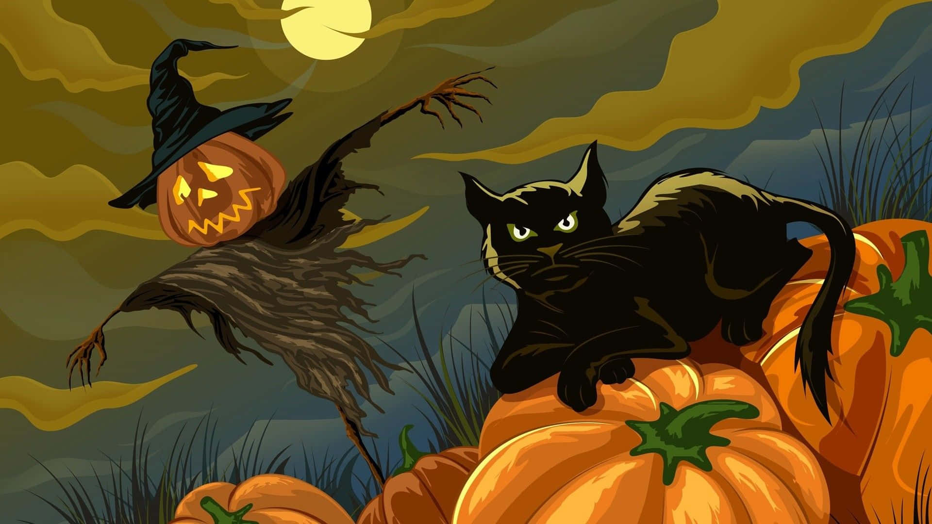 pumpkins 桌布 壁紙 — 一隻詭異的黑貓棲息在南瓜上，而一個傑克南瓜燈女巫在發光的月亮下飛行。