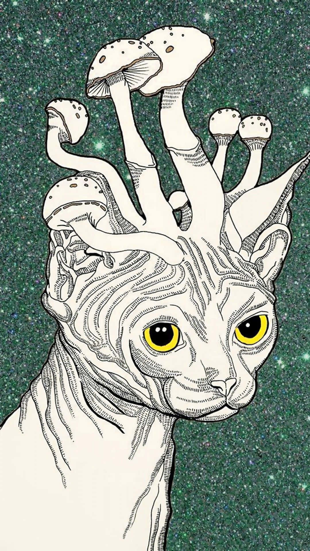 煙動圖 桌布 壁紙 — 一隻詳細的線條藝術斯芬克斯貓，有著發光的黃色眼睛，頭頂長出蘑菇，背景是星空綠色。