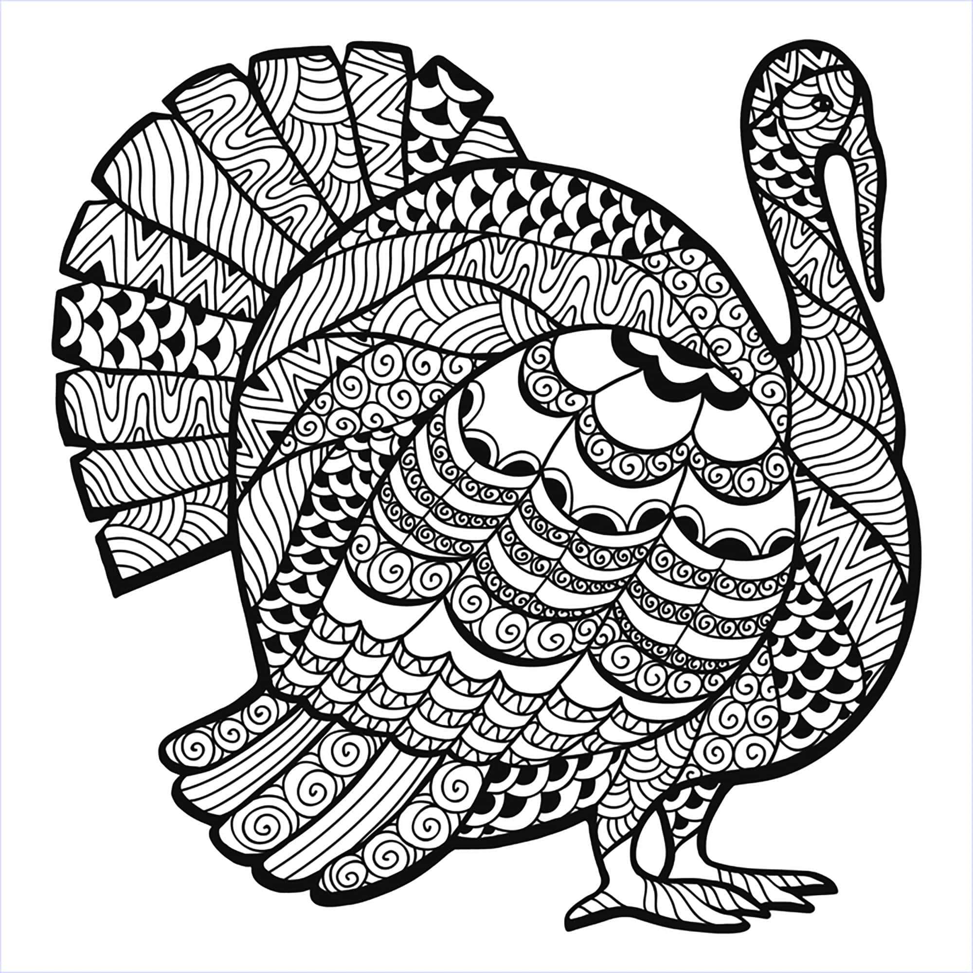 Thanksgiving Coloring 桌布 壁紙 — 一隻詳細的黑白禪繞風格火雞，全身佈滿複雜的漩渦圖案。