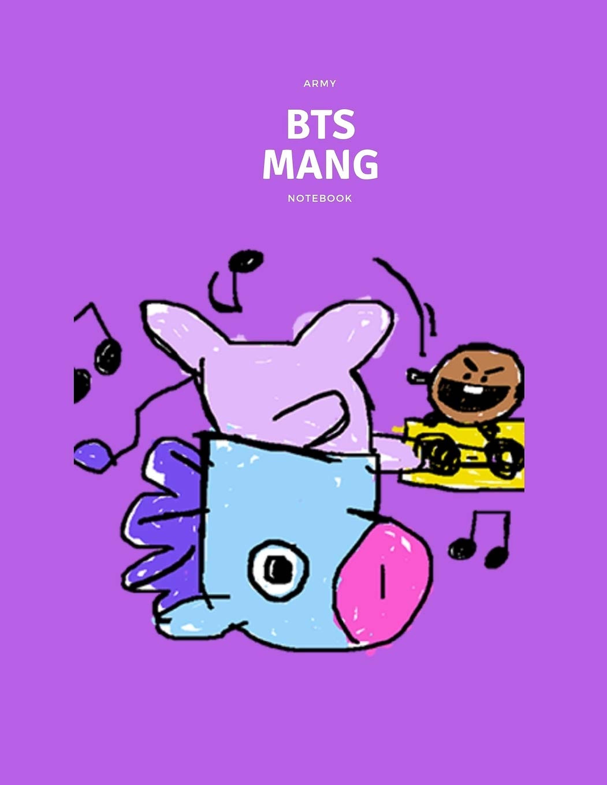 mang bt21 桌布 壁紙 — 一隻調皮的卡通豬，藍色身體，粉紅色鼻子，坐在一輛黃色車子裡咧嘴笑的火柴人身旁，背景是純紫色。