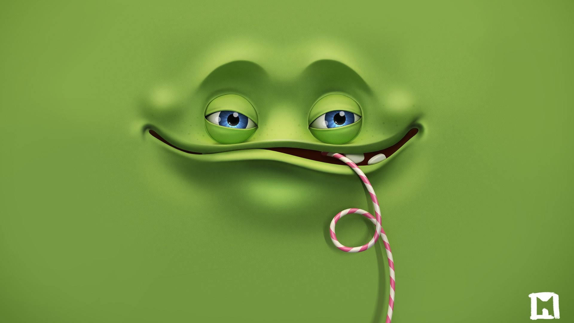 faces 桌布 壁紙 — 一隻調皮的綠色卡通青蛙，藍色眼睛，微笑著吹出一個粉白相間的條紋泡泡糖泡泡。