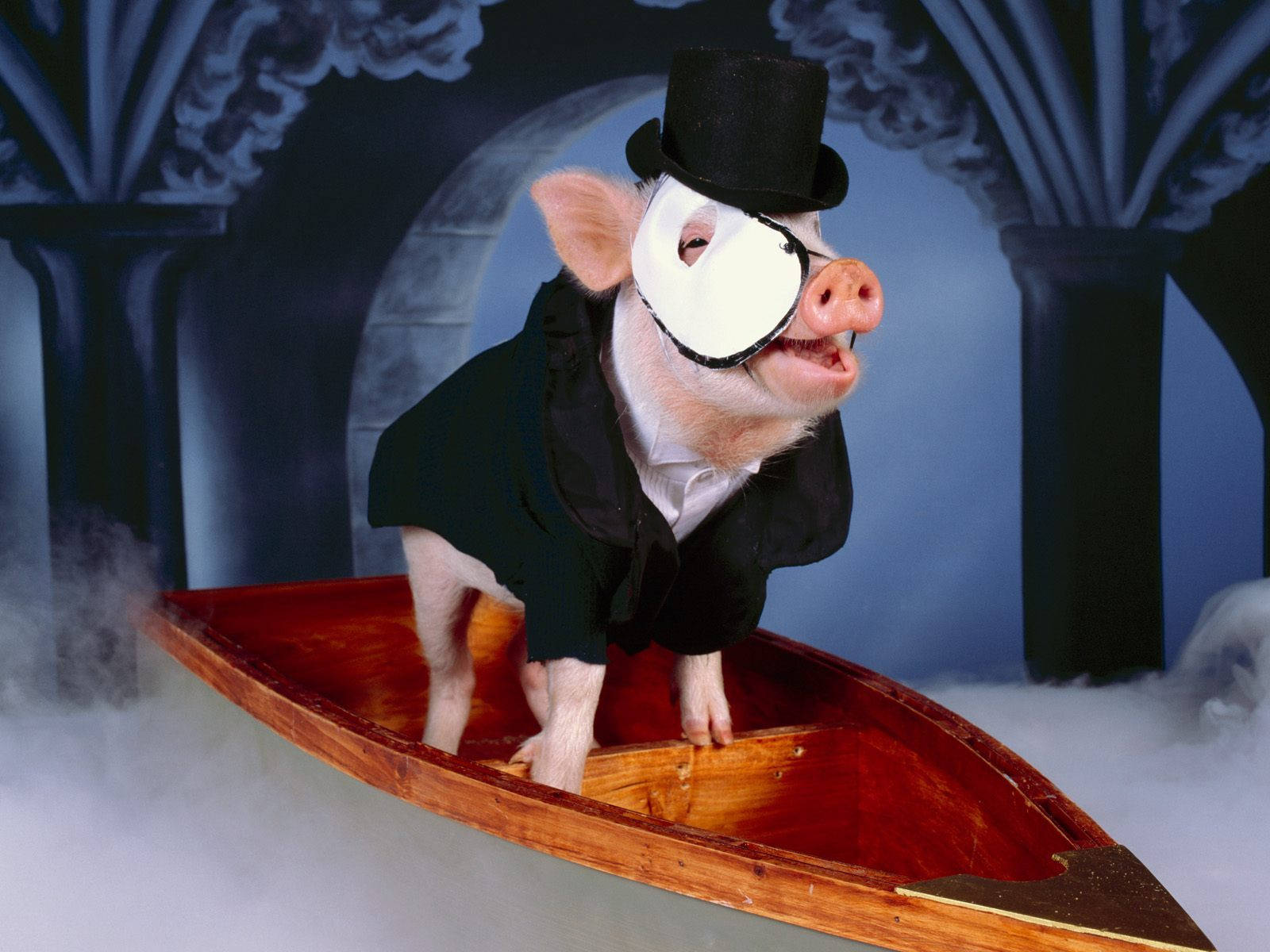 Pig 桌布 壁紙 — 一隻豬打扮成時髦的紳士，戴著高帽和眼罩，自豪地站在被霧氣包圍的木製划艇上。