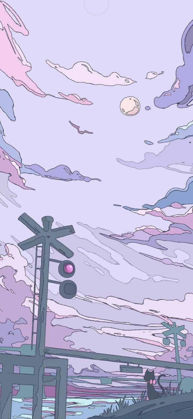 一隻貓坐在鐵路平交道下，背景是夢幻的粉彩天空，有雲朵和月亮。 — 柔和美學 GIF 壁紙