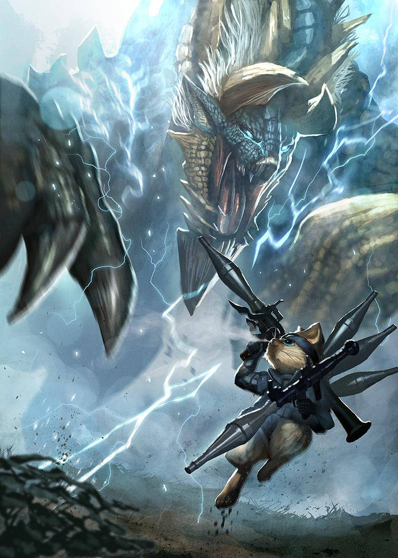 monster hunter iPhone 桌布 壁紙 — 一隻貓戰士手持火箭發射器跳躍，對抗在暴風雨戰場上被閃電強化的巨龍。