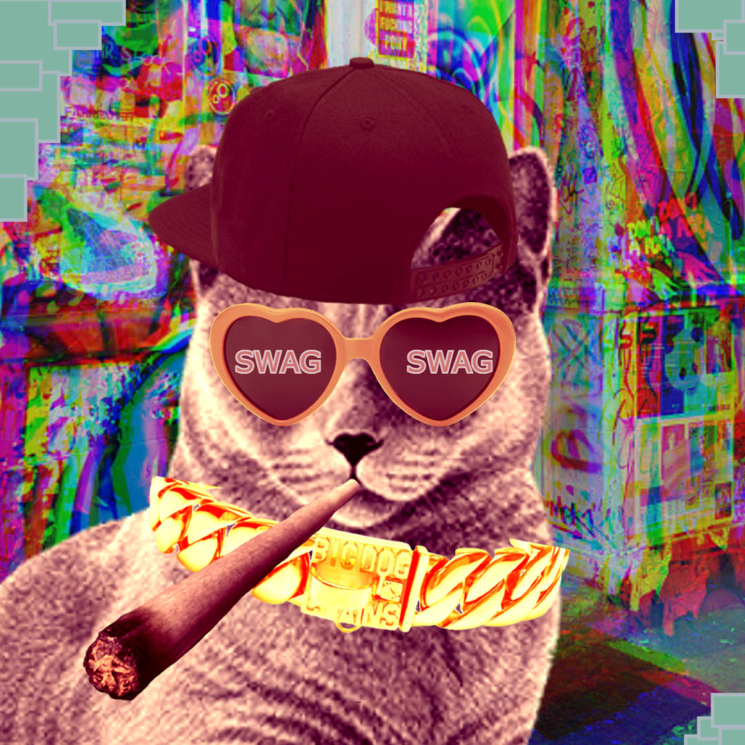 迷幻動圖 桌布 壁紙 — 一隻貓戴著帽子、心形SWAG太陽眼鏡和金鏈，在故障藝術風格的彩色背景前抽雪茄。