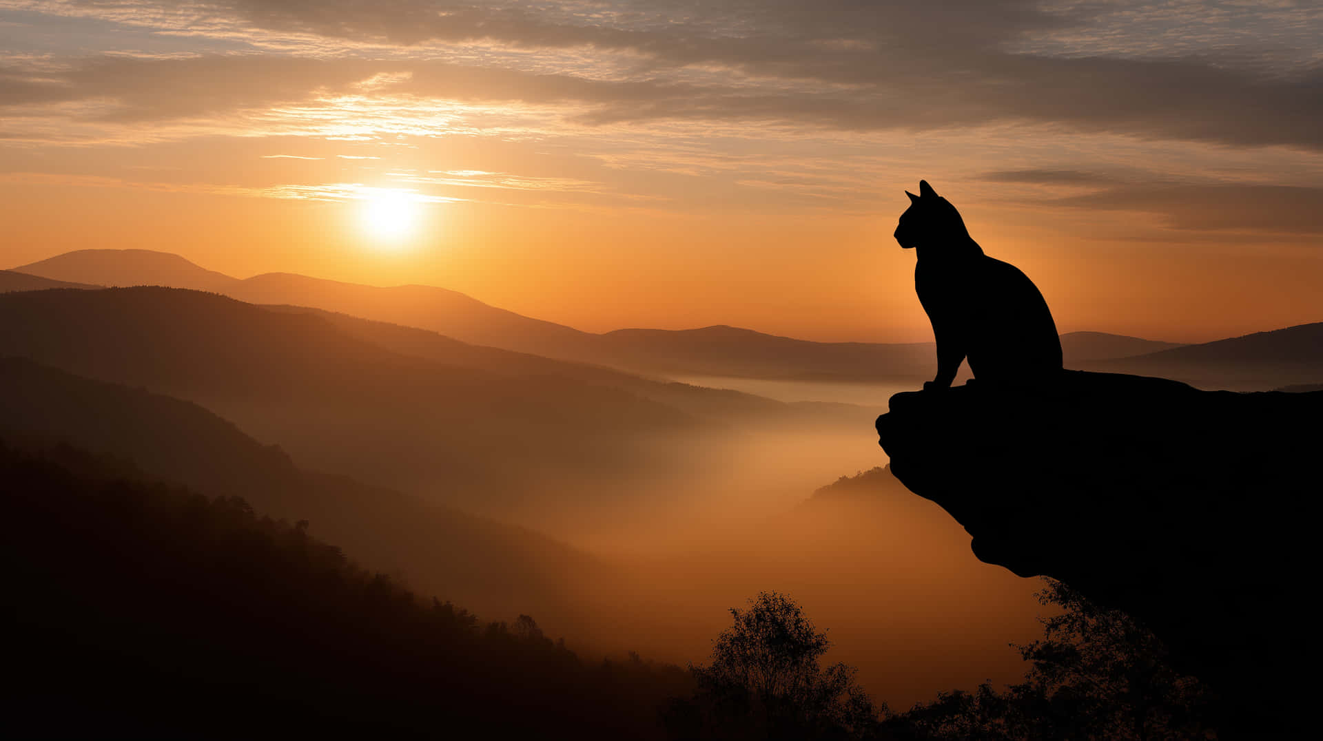 Cat Silhouette Overlooking a Serene Mountain Sunset 壁紙 — 一隻貓的剪影棲息在懸崖頂上，俯瞰著沐浴在金色日出光芒中的層層山脈。