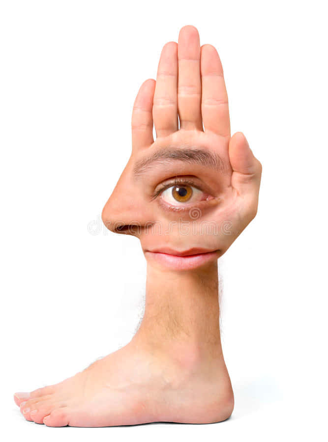 Body 桌布 壁紙 — 一隻超現實的人腳向上變形為一隻手，形成一個有眼、鼻和嘴的臉，背景為純白色。