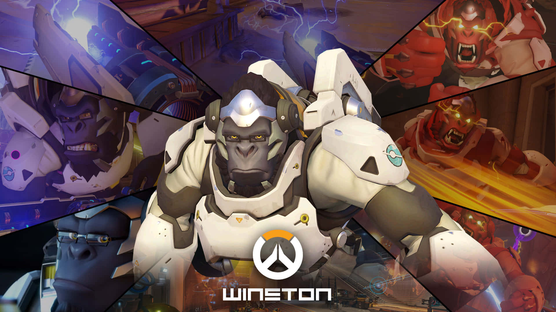 Overwatch 桌布 壁紙 — 一隻身穿白色盔甲的英勇大猩猩站在舞台中央，周圍環繞著閃爍電能的動態遊戲角色面板。