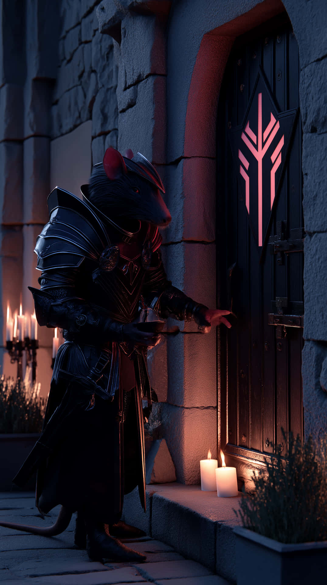 Rat Knight's Vow 壁紙 — 一隻身穿盔甲的老鼠騎士站在一扇石門前，石門上發著粉紅色的印記，在夜間被燭光照亮。