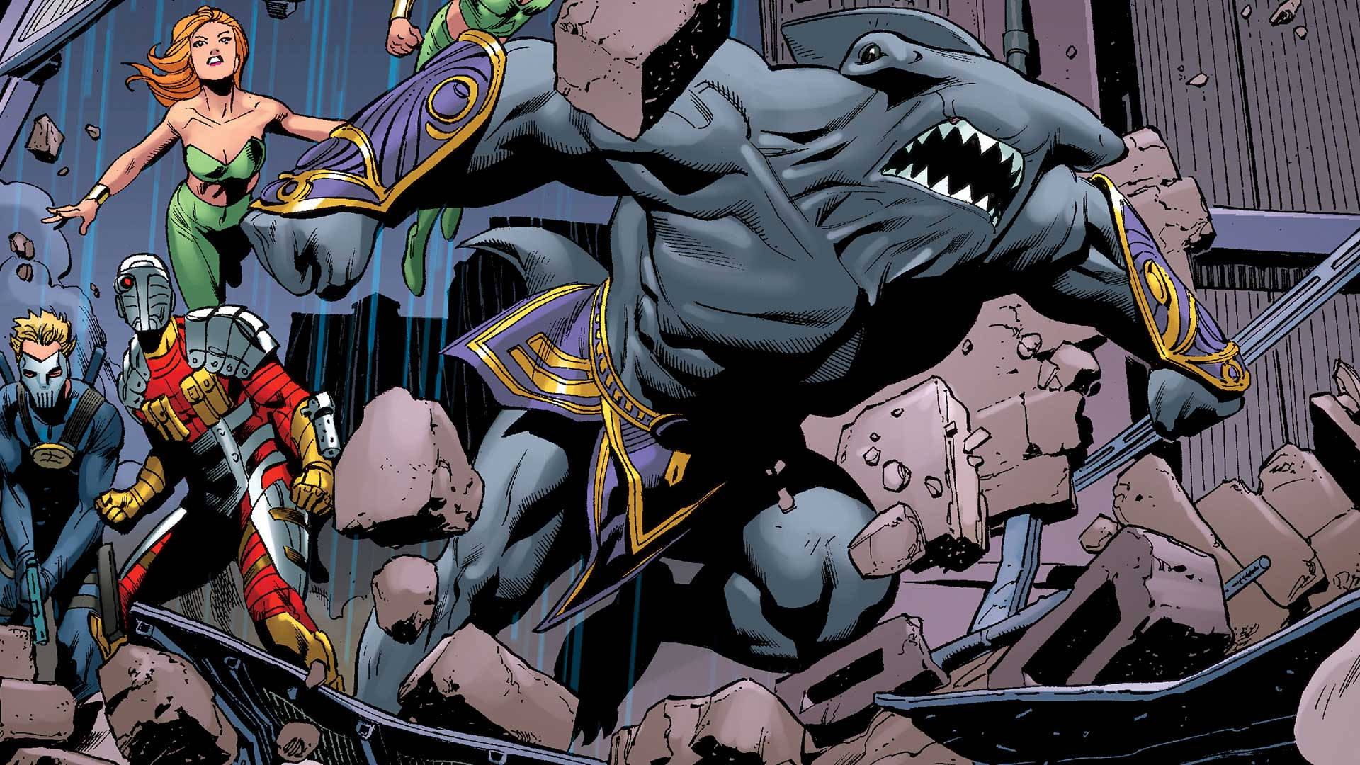 King Shark 桌布 壁紙 — 一隻身穿紫色和金色盔甲的巨型鯊魚怪物衝破廢墟城市，英雄們在周圍戰鬥。