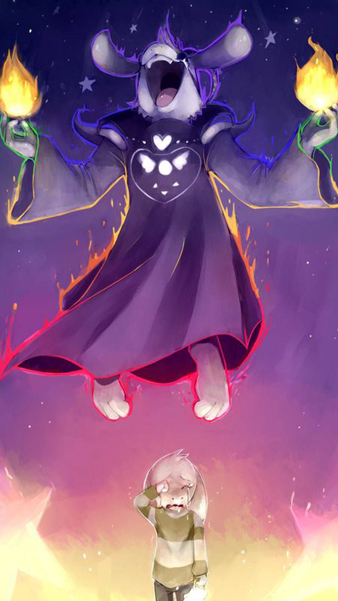 Undertale 桌布 壁紙 — 一隻身穿紫色長袍的巨大老鼠，手中燃燒著火焰，在繁星點點的暮色天空中，籠罩著一個哭泣的小孩。