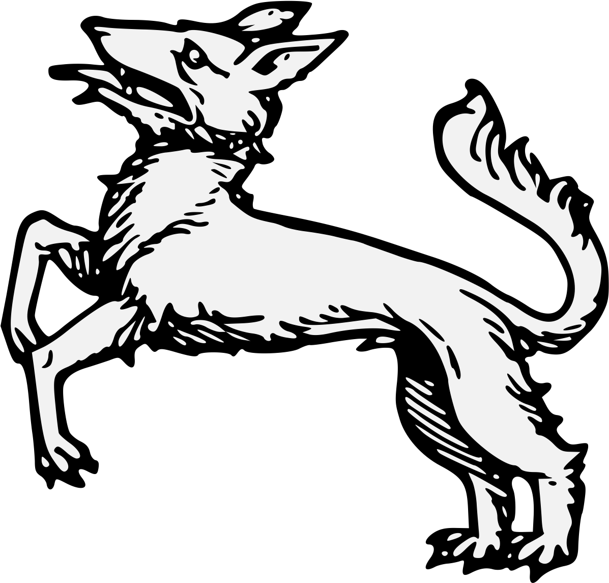 wolves 桌布 壁紙 — 一隻輪廓鮮明的白色風格化生物，擁有狗般的身體和鳥般的頭部，在黑色背景上警覺地站立。