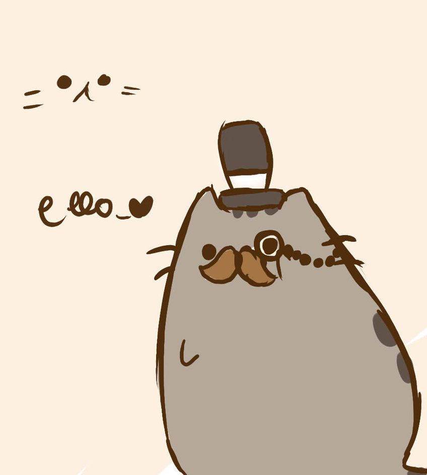 pusheen 動圖 桌布 壁紙 — 一隻迷人插圖的胖貓，戴著高帽和鬍子，在米色背景上可愛地揮手打招呼。