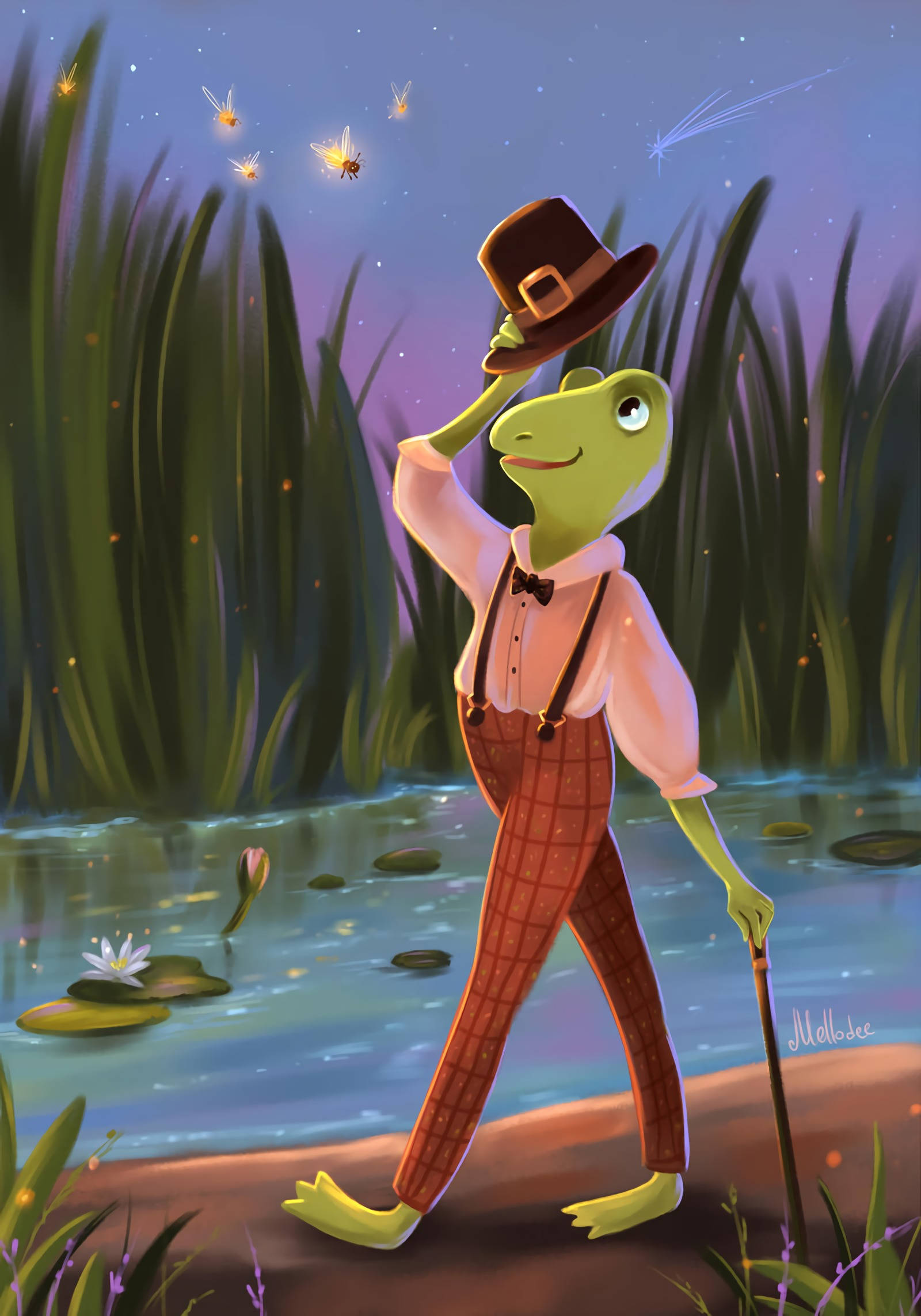 Frog 桌布 壁紙 — 一隻迷人的擬人化青蛙，戴著高帽和吊帶，在黃昏時分沿著池塘漫步，周圍有發光的螢火蟲和荷葉。