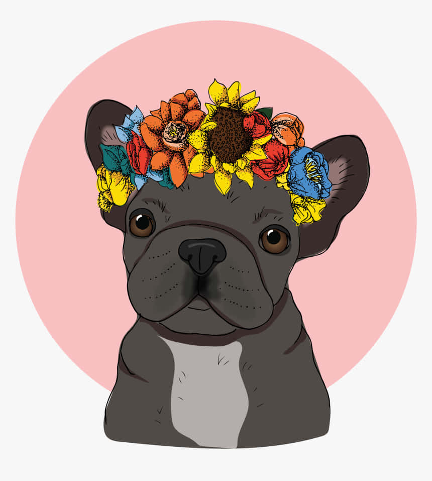 狗 桌布 壁紙 — 一隻迷人的法國鬥牛犬，戴著色彩繽紛的花冠，襯以柔和的粉紅色圓形背景。