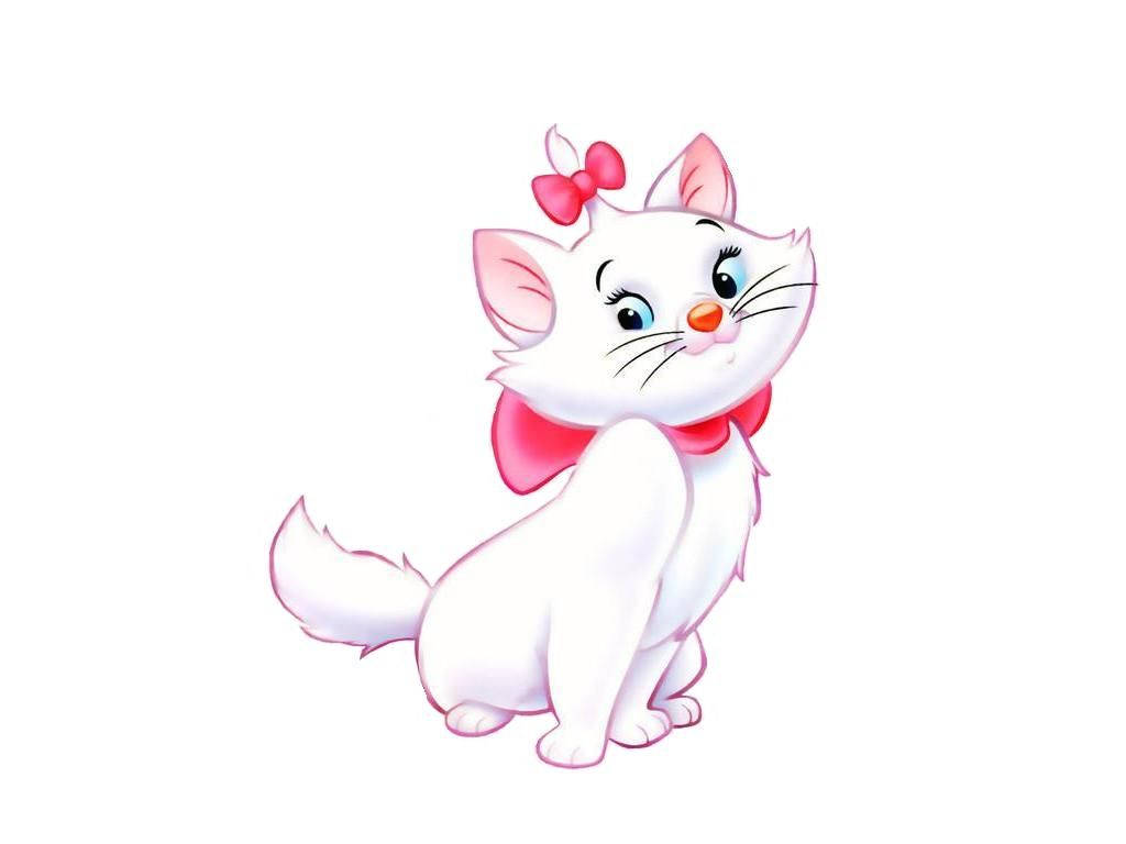 Marie Cat 桌布 壁紙 — 一隻迷人的白色卡通貓咪，藍色眼睛，戴著粉紅色蝴蝶結，直立在純白色背景前。