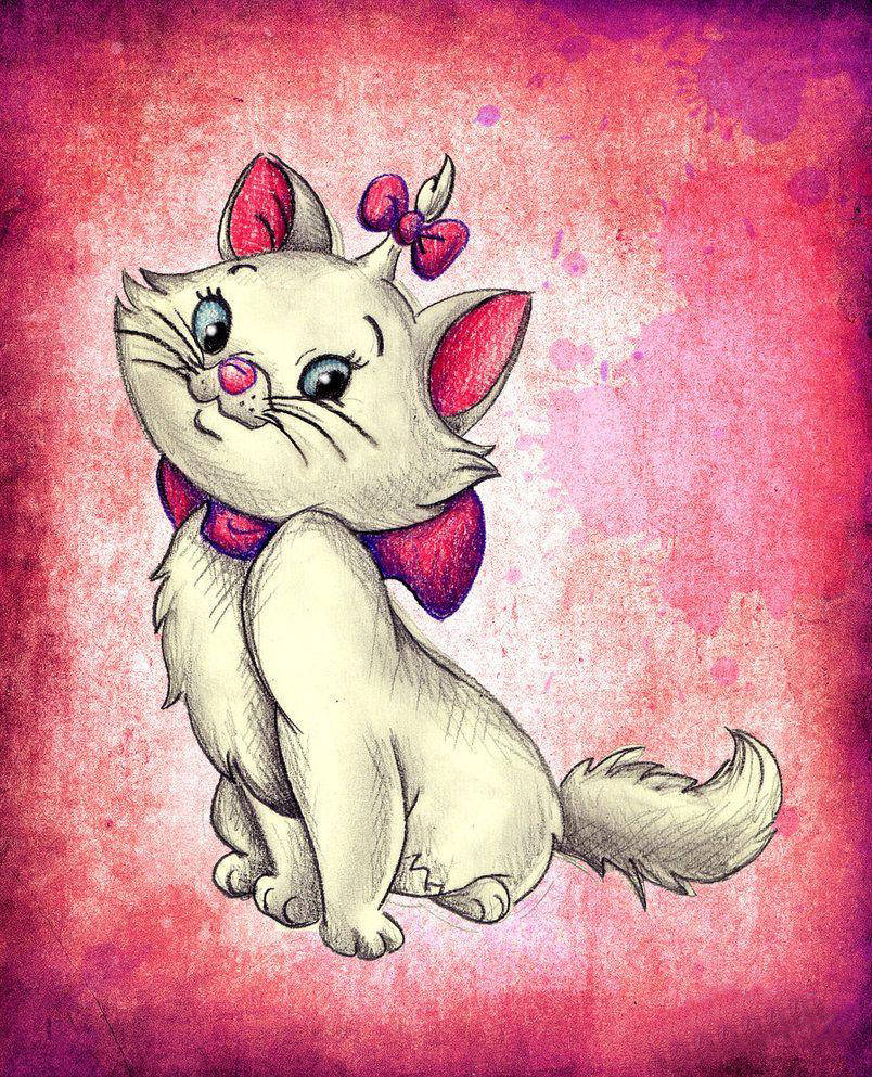 Marie Cat 桌布 壁紙 — 一隻迷人的白色小貓，長著粉紅色的耳朵和蝴蝶結，坐在有紋理的粉紅色背景前，抬起頭用藍色的大眼睛看著。