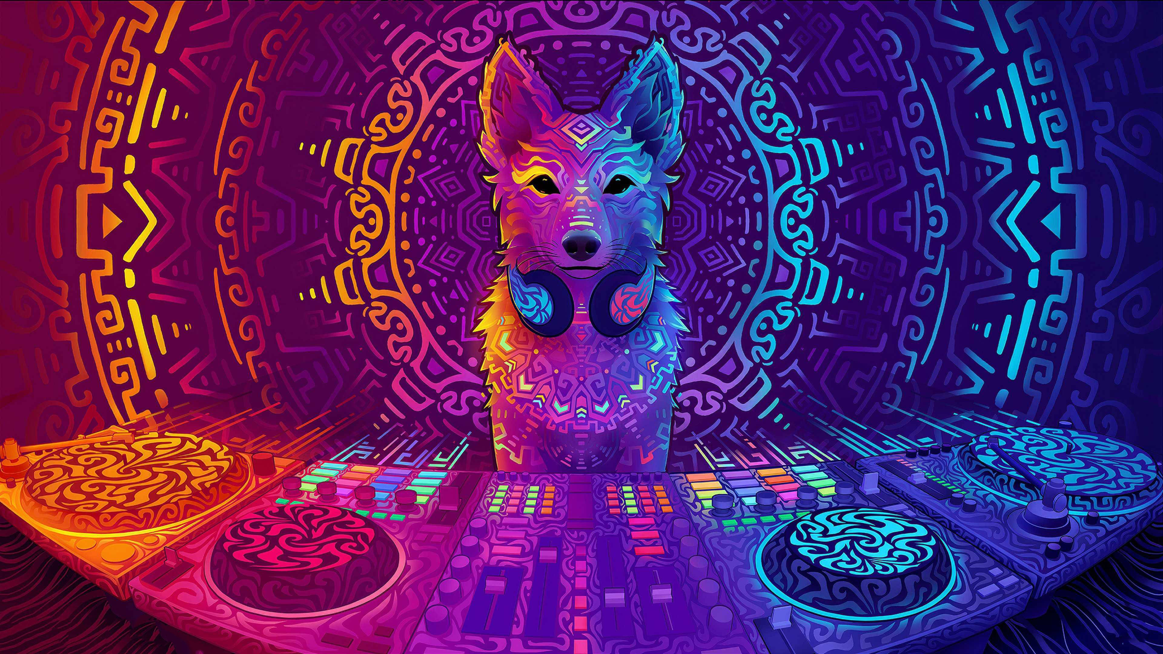 Dog Art 桌布 壁紙 — 一隻迷幻狗DJ戴著發光耳機，站在色彩繽紛的唱盤組合後面，背景是充滿活力的幾何圖案。