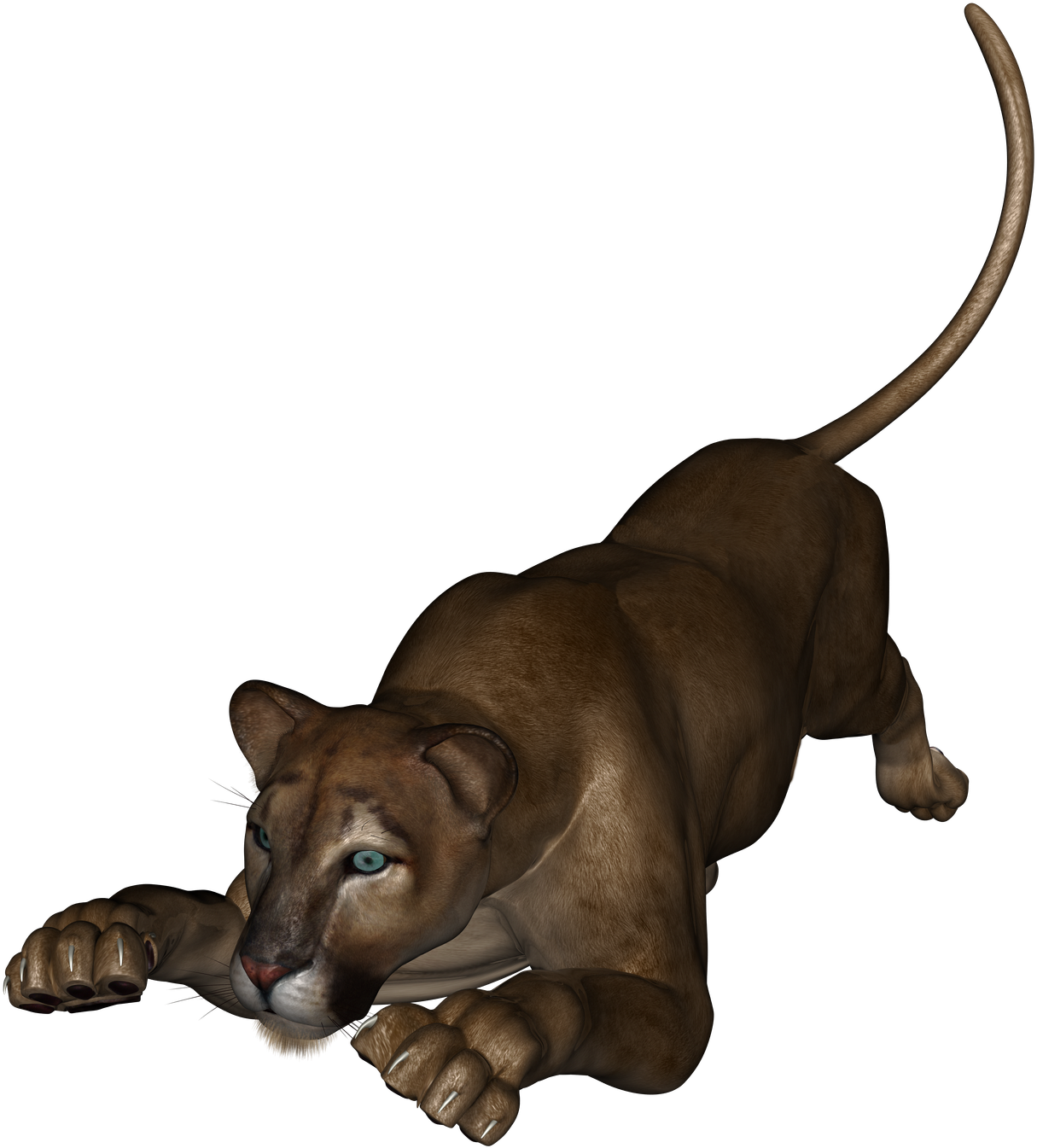 動物 桌布 壁紙 — 一隻逼真的3D渲染美洲獅低伏著，擁有強烈的藍色眼睛，背景為純黑色。