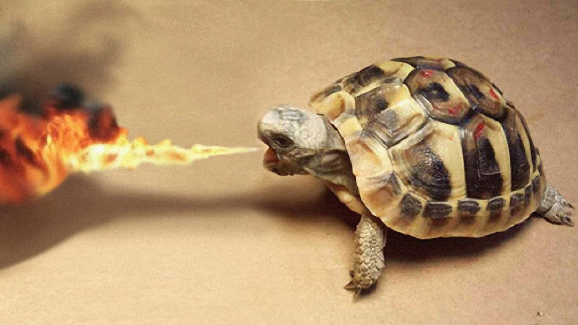 Funny Turtle 桌布 壁紙 — 一隻逼真的烏龜在純棕色背景下，從嘴裡噴出鮮豔的橙色火焰。