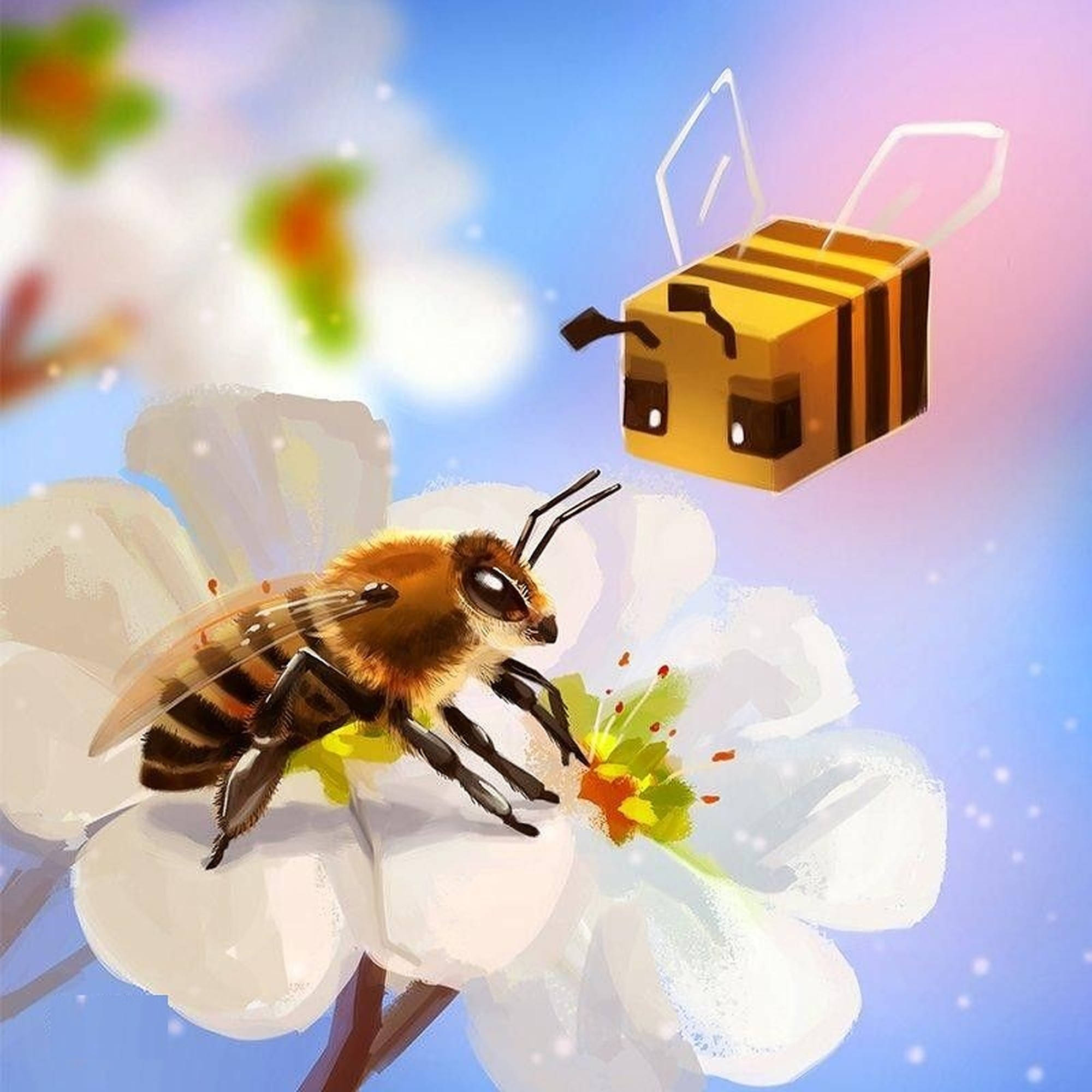 我的世界 蜜蜂 桌布 壁紙 — 一隻逼真的蜜蜂從白色花朵中採集花蜜，而一隻像素化的Minecraft蜜蜂在柔和的藍天下附近飛翔。