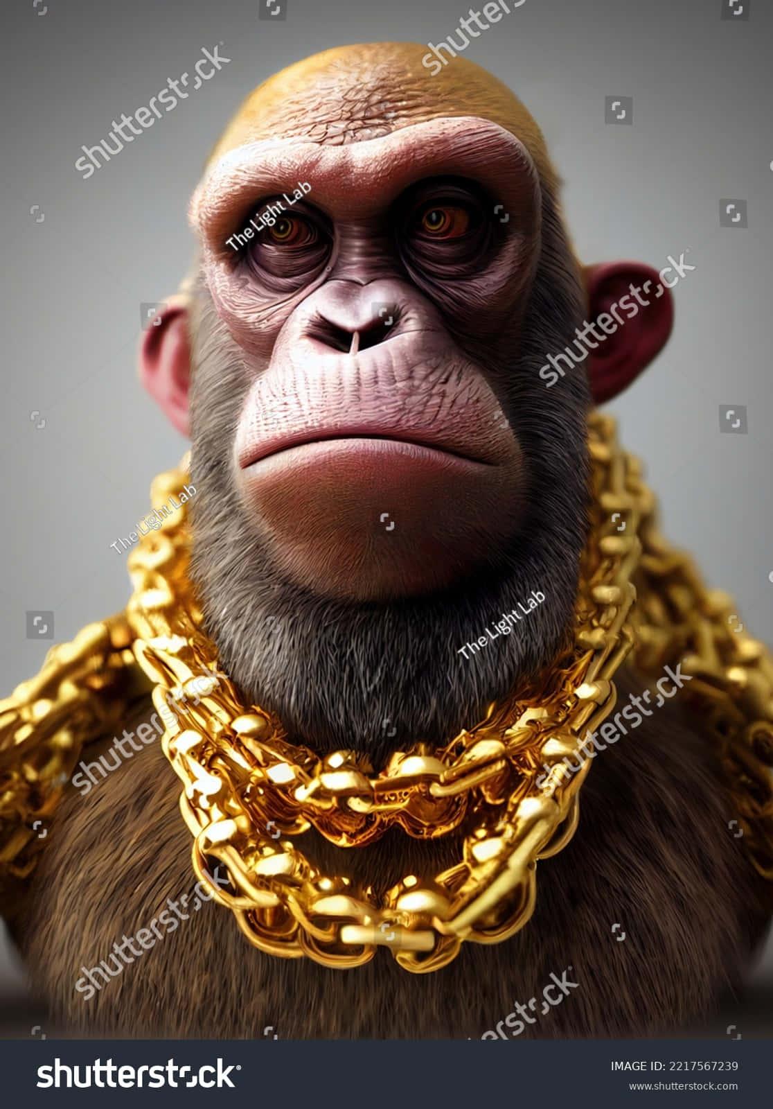Ape 桌布 壁紙 — 一隻逼真的黑猩猩戴著粗金鏈，背景為純灰色，特寫鏡頭。
