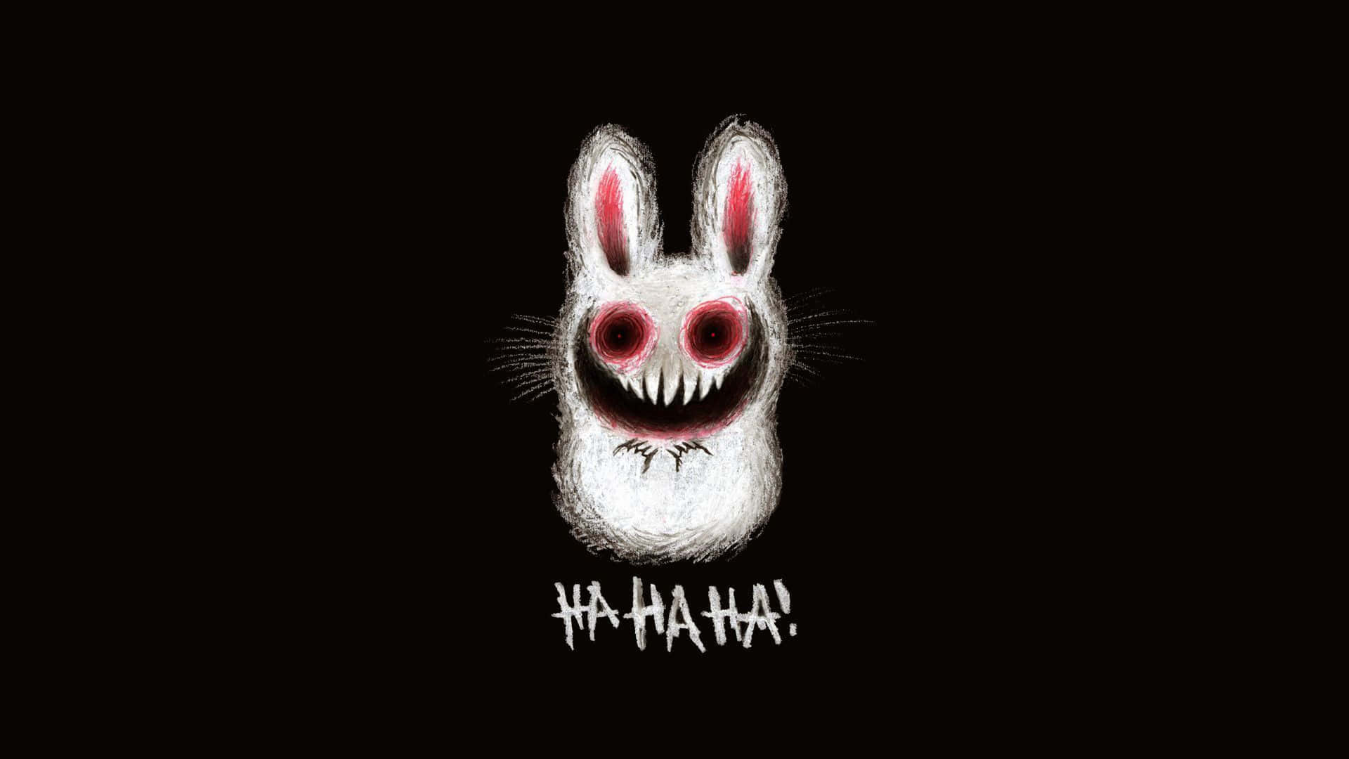 Creepy Aesthetic 桌布 壁紙 — 一隻邪惡的白兔，有著發光的紅眼睛和鋒利的牙齒，在黑色背景上瘋狂地大笑。