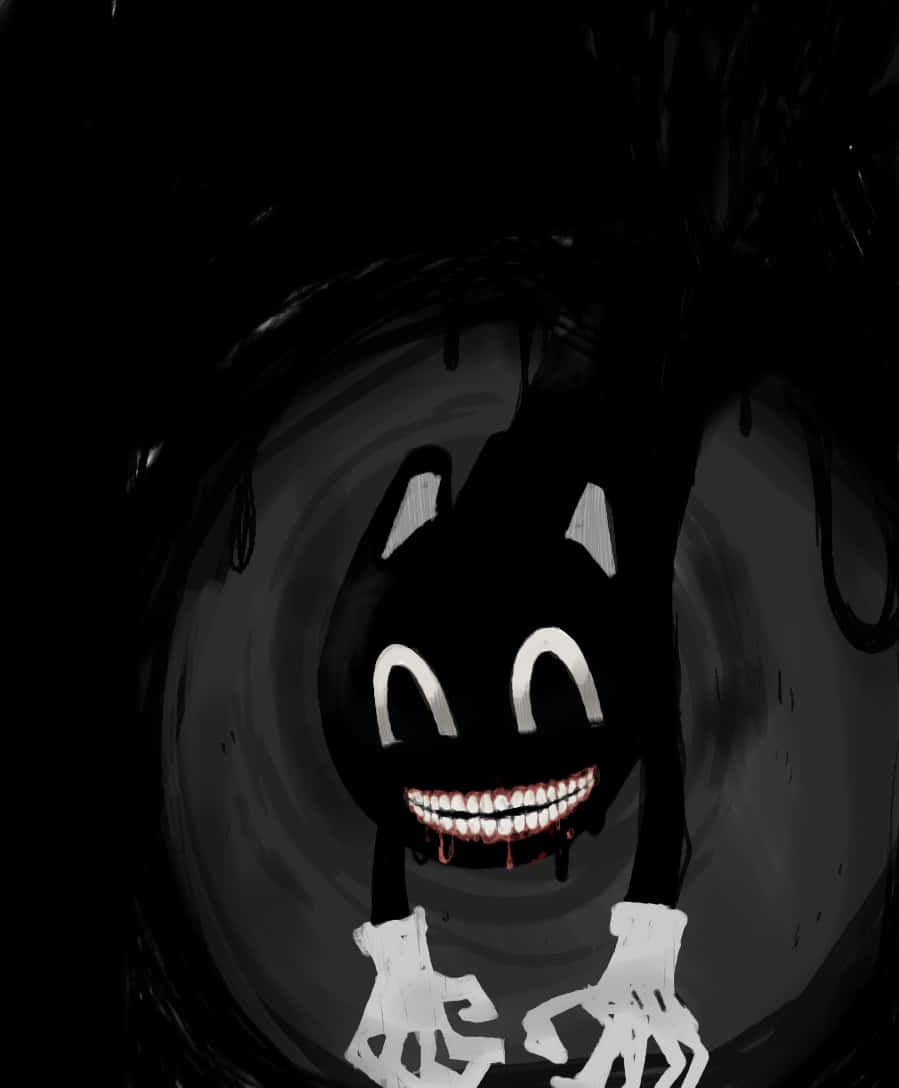 Cartoon Cat Scary 桌布 壁紙 — 一隻邪惡的黑貓，張開滿是牙齒的咧嘴笑，滴著血，從黑暗旋轉的漩渦中出現。