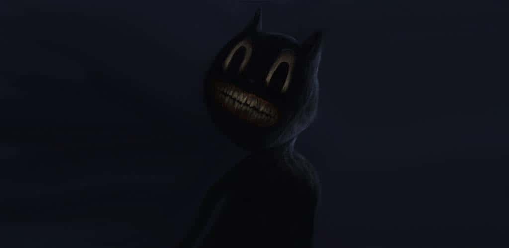 Cartoon Cat Scary 桌布 壁紙 — 一隻邪惡的黑貓，眼睛發光，咧嘴露出牙齒，在黑暗的虛空中威脅地凝視著。