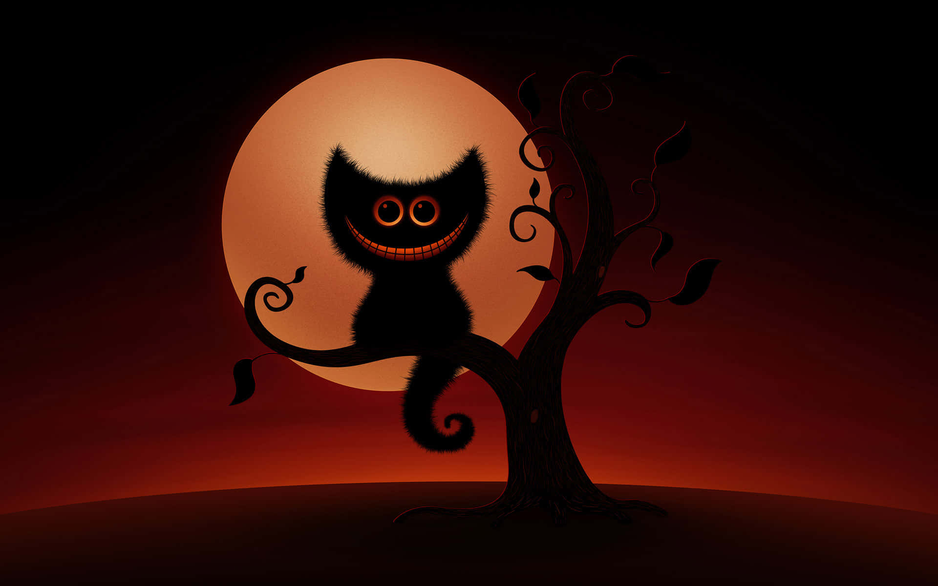 Cartoon Cat Scary 桌布 壁紙 — 一隻邪惡的黑貓，眼睛發光，棲息在一棵扭曲的樹上，背景是暗紅色天空中一輪發光的橙色月亮。