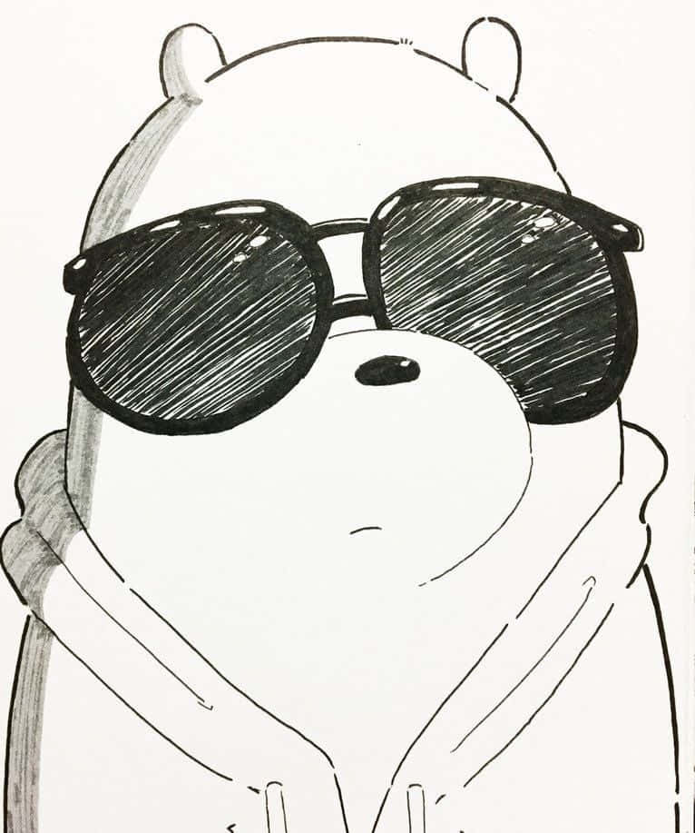 Cartoon Polar Bear 桌布 壁紙 — 一隻酷酷的卡通熊，戴著超大太陽眼鏡和連帽上衣，以黑白素描風格呈現。
