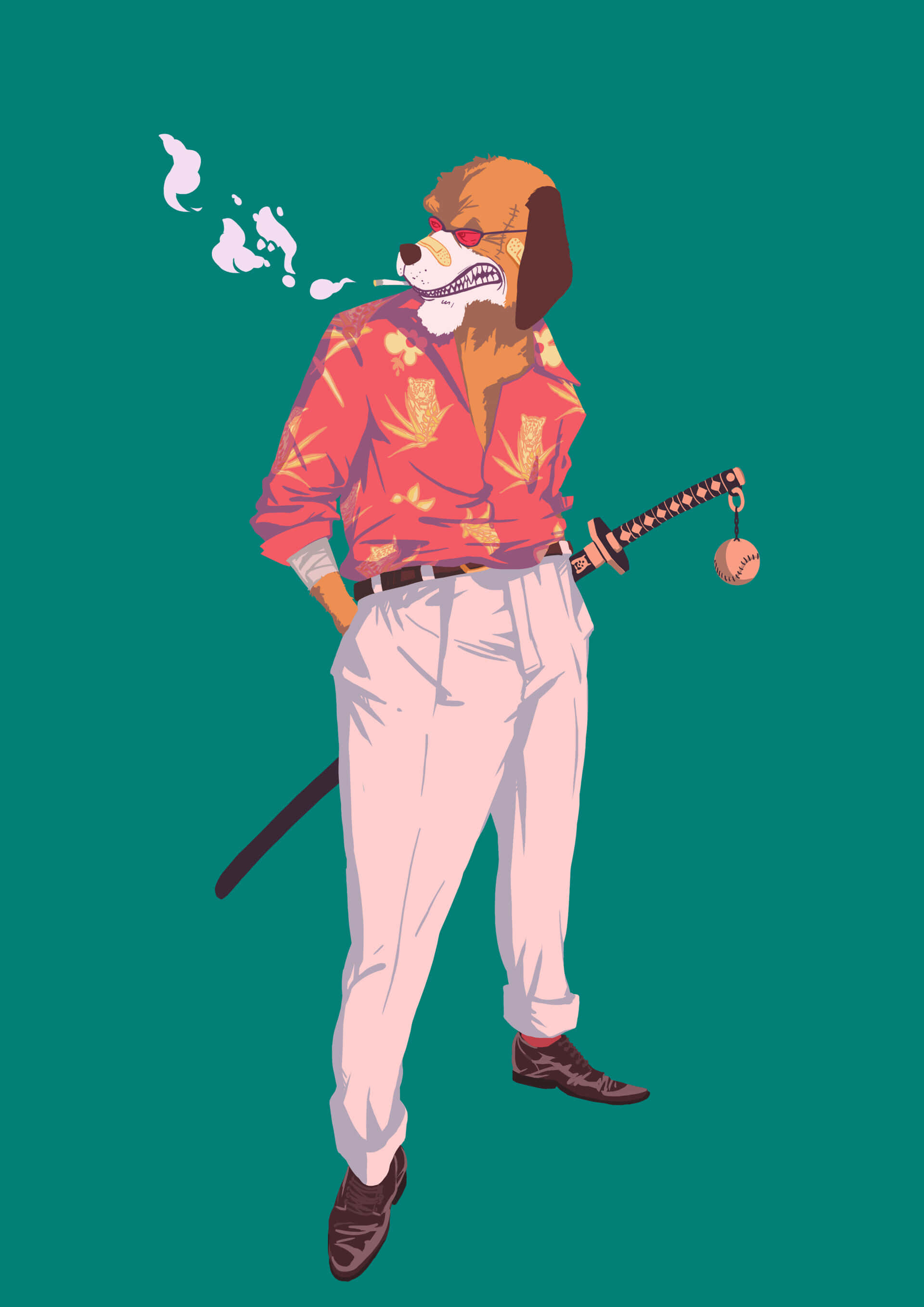 Inuarashi 桌布 壁紙 — 一隻酷酷的擬人化比格犬，穿著紅色花襯衫，抽著煙，同時握著一把掛有棒球的武士刀。