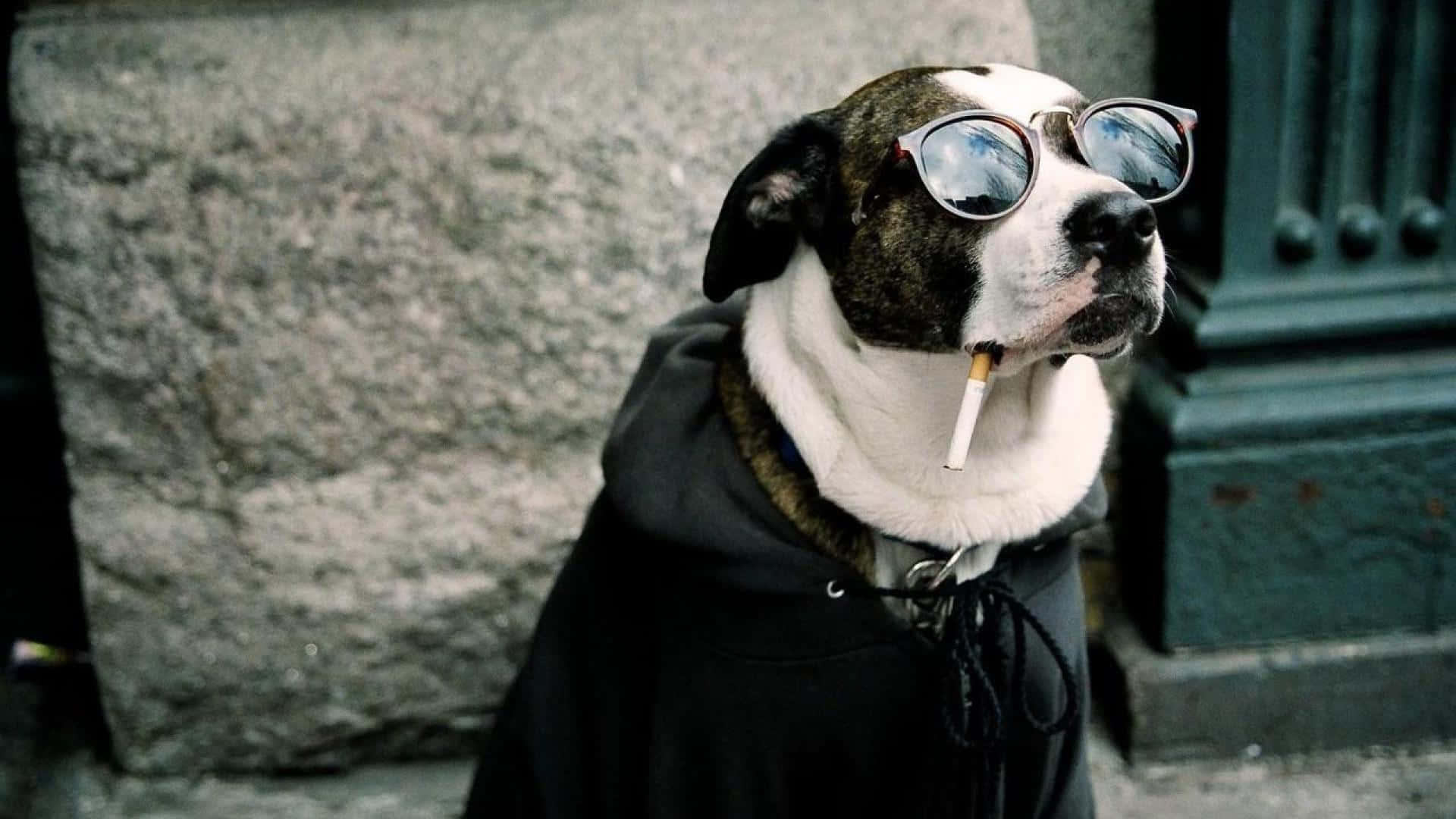 寵物動圖 桌布 壁紙 — 一隻酷酷的比特犬戴著太陽眼鏡，嘴裡叼著一根煙，站在石牆前。