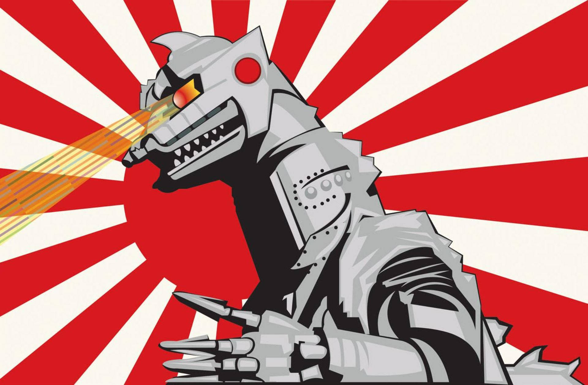 mechagodzilla 桌布 壁紙 — 一隻金屬機器恐龍在鮮明的紅白太陽爆發背景下，噴出火焰般的氣息咆哮。