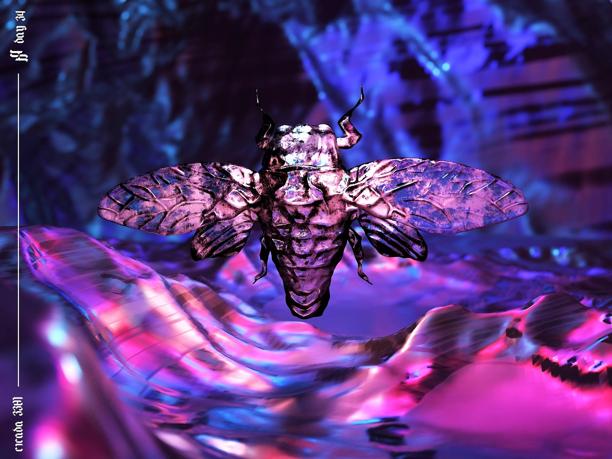 Cicada 桌布 壁紙 — 一隻金屬紫色蟬在霓虹藍和粉紅燈光下盤旋於發光液體表面之上。