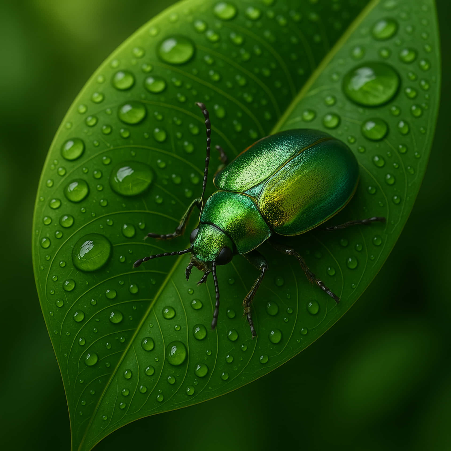 Green bug on a leaf 壁紙 — 一隻金屬綠色的甲蟲停留在佈滿露水的葉子上，閃爍的水滴反射著光線。