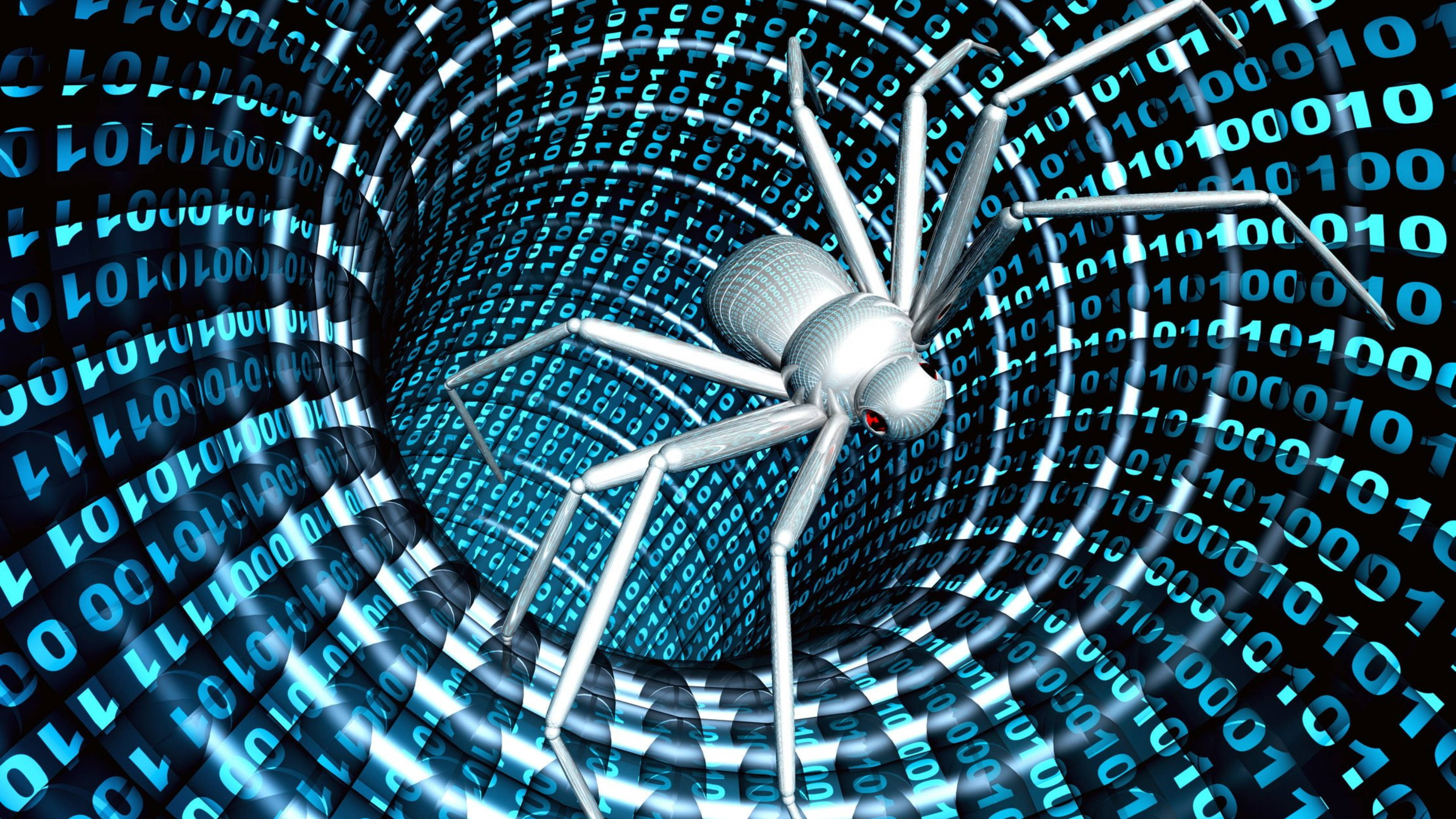 Spider 桌布 壁紙 — 一隻金屬蜘蛛，眼睛紅色，爬過一個充滿藍色二進制代碼的發光數位隧道。