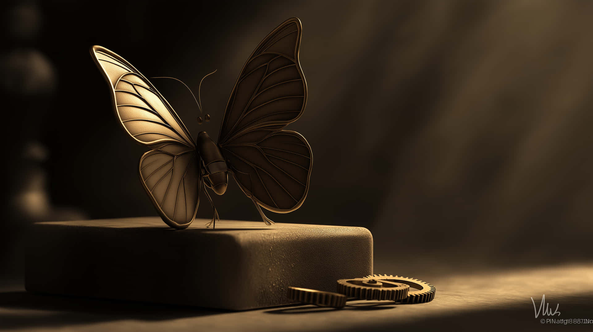 Steampunk Butterfly and Gears on Pedestal in Dim Light 壁紙 — 一隻金屬蝴蝶，帶有複雜的翅脈，棲息在石塊上，旁邊是掉落的齒輪，在溫暖的聚光燈下。