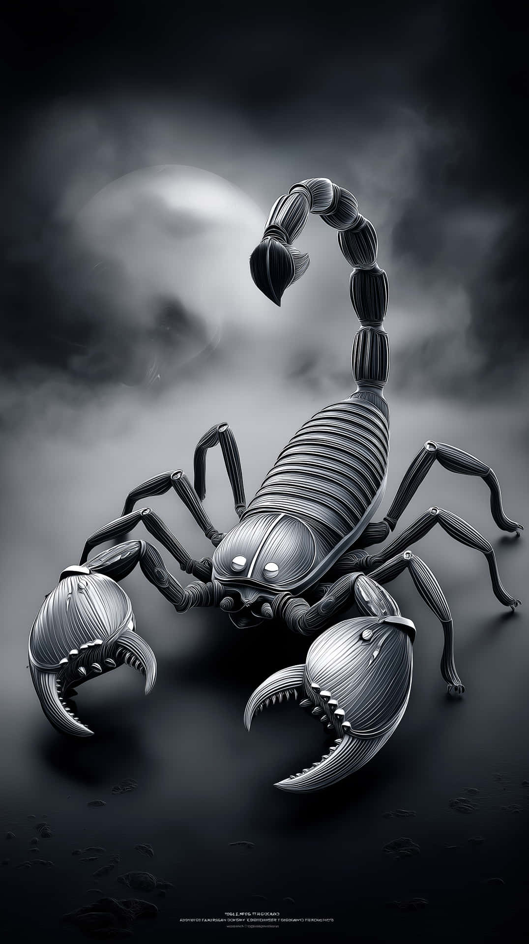 Ultra-Detailed Gray Metallic Scorpion on Dark Background 壁紙 — 一隻金屬蠍子帶有複雜的分段裝甲，在霧氣瀰漫的背景中，襯著一輪發光的月亮，蓄勢待發。
