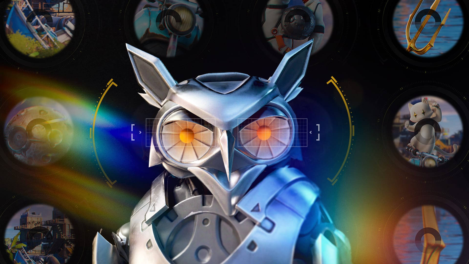 Fortnite Chapter 2 Season 6 桌布 壁紙 — 一隻金屬貓頭鷹機器人，擁有發光的橙色眼睛，站立在中央，周圍環繞著顯示各種遊戲場景的圓形全息顯示屏。