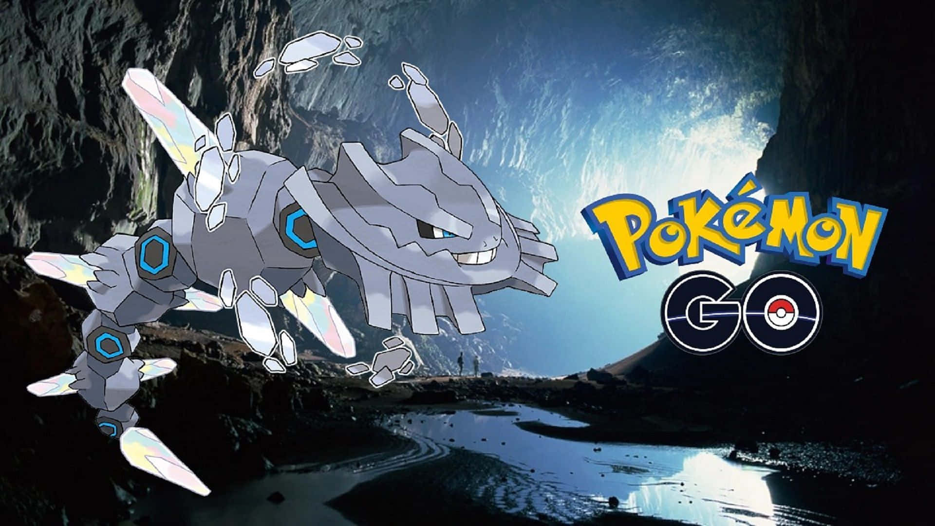 Pokemon Aesthetic 桌布 壁紙 — 一隻金屬質感的寶可夢，帶有發光的藍色關節，跳過黑暗的洞穴，陽光從 Pokémon GO 標誌後方照射進來。